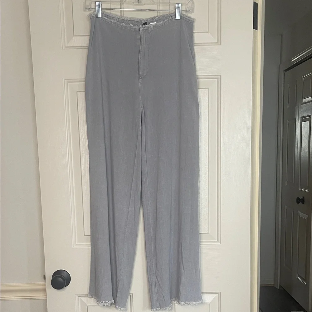 H&M Divided Light Gray Linen Blend Frayed-Hem Wide Leg Pants Back Pockets Size 6